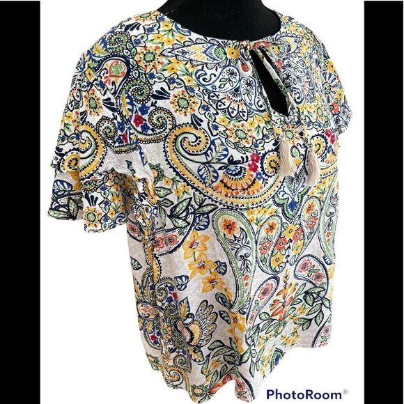 Rafaella colorful print blouse with double flutter sleeves,  keyhole tassel tie - Picture 6 of 8